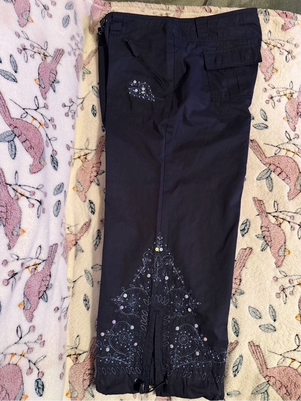 Vintage Navy Blue Embroidered Cargo-Style Pants
